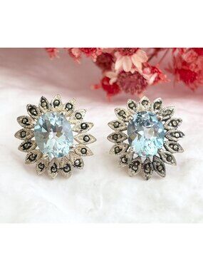 Blue Topaz Marcasite Framed Floral Sunburst Sterling Silver 925 Stud Earrings